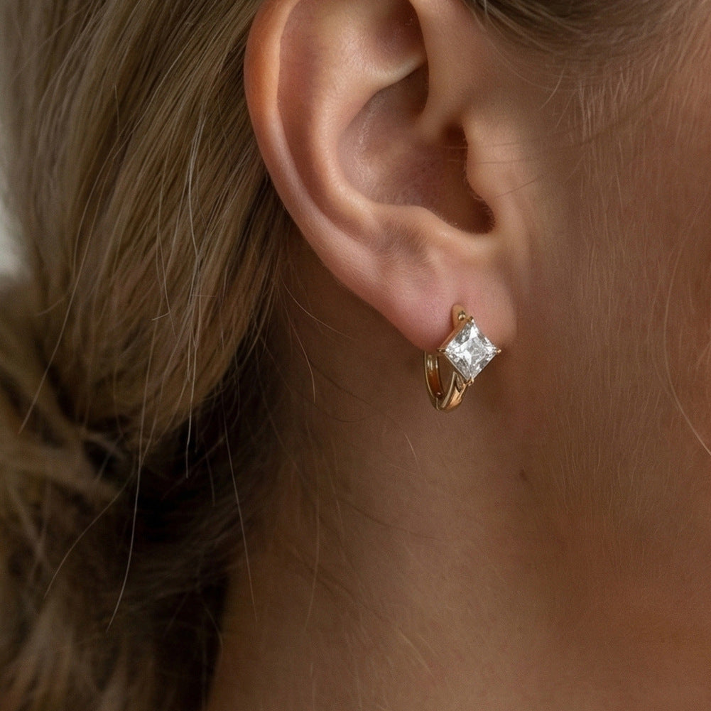 Silver Stainless Steel Princess Square Cut CZ Huggie Hoop Earrings