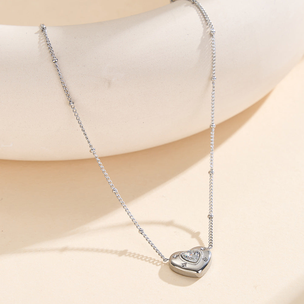 Gold Stainless Steel Heart CZ Pendant Necklace, Large Heart Cut Cubic Zirconia with 4 Small Accent CZ Stones, Adjustable Rolo Chain
