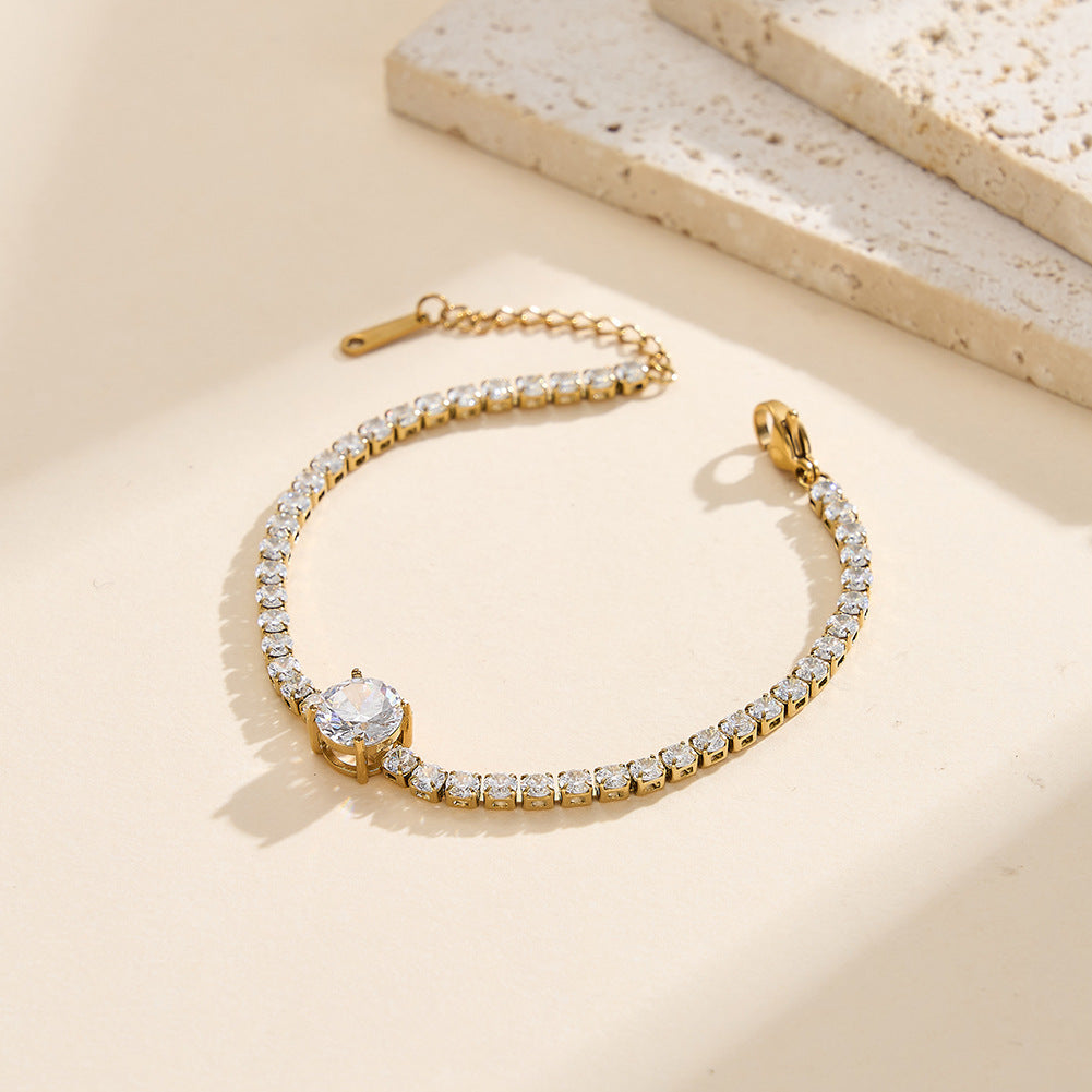 Gold Plated Stainless Steel Round CZ Tennis Bracelet, Brilliant Cut Round Cubic Zirconia Center Stone, Adjustable Extension