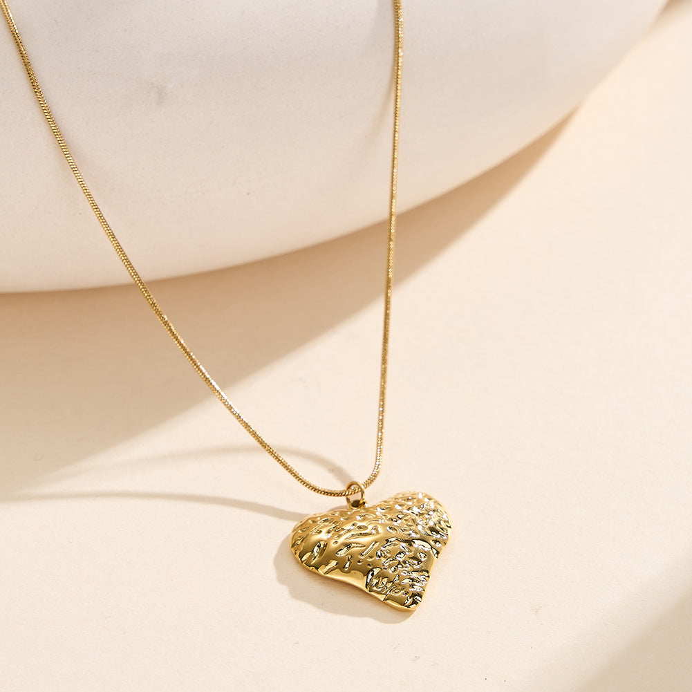 Gold Stainless Steel Hammered Heart Pendant Necklace, Textured Wavy Heart Charm Snake Chain Necklace