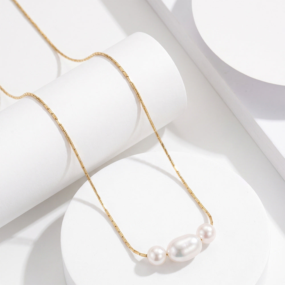 Three Bead Glossy Rice Freshwater Pearl Necklace, Central Large Oval Pearl with Round Side Pearls Gold Paperclip Chain