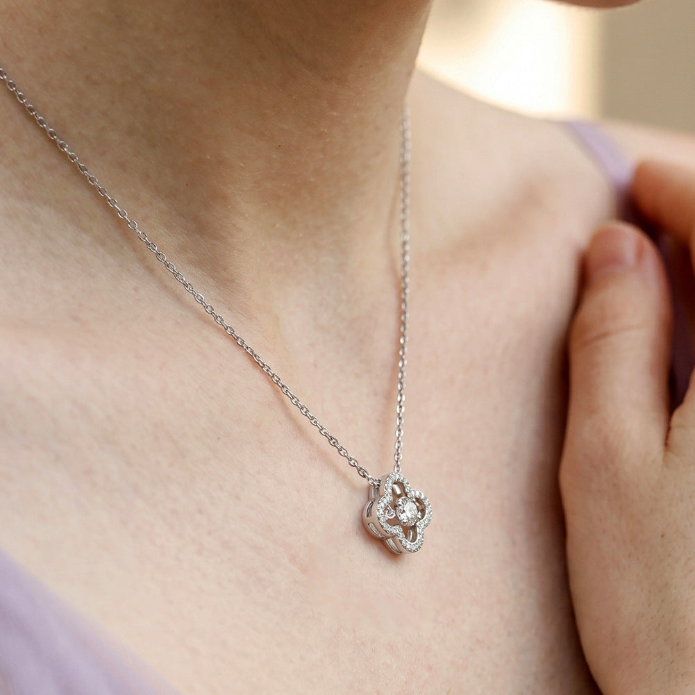 Gold Stainless Steel Hollow Quatrefoil Necklace, Dynamic Floating Round CZ Stone In Four Leaf Clover Frame Pendant