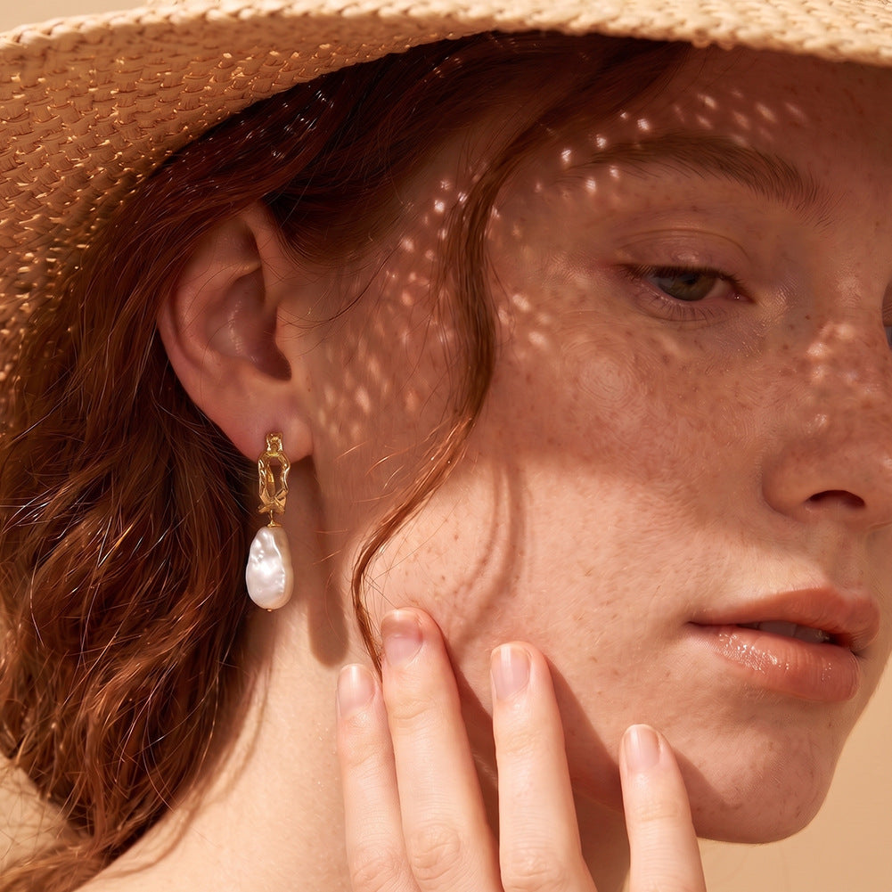 S925 Silver Irregular Wavy Hoop Earrings with Teardrop Baroque Freshwater Pearl, Organic Shape Pearl Hoop Drop Earrings