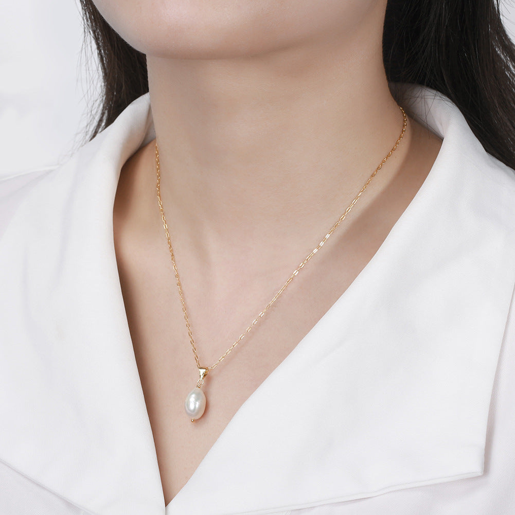 Silver Paperclip Chain Necklace, Single Teardrop Lustrous Freshwater Pearl Wire Wrapped Solitaire Pendant