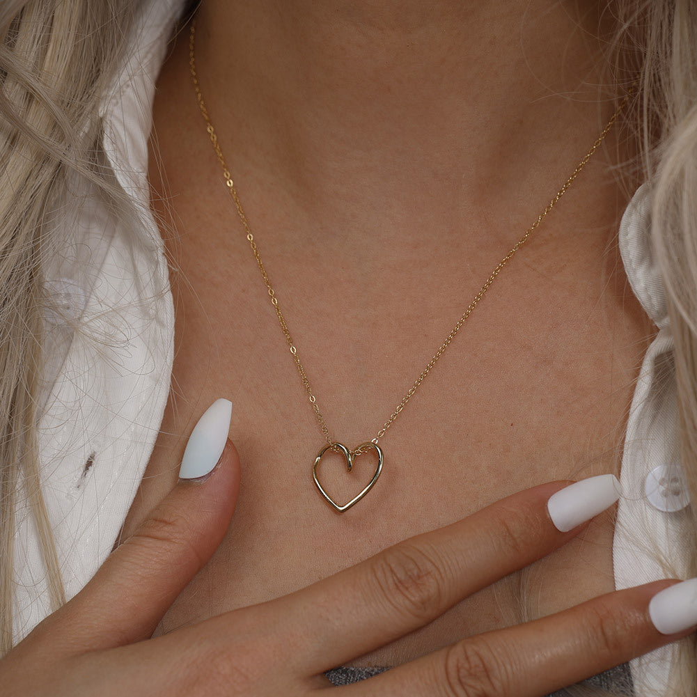 Silver Stainless Steel Open Hollow Heart Necklace, Intertwined Loop Outline Heart Pendant Thin Cable Chain