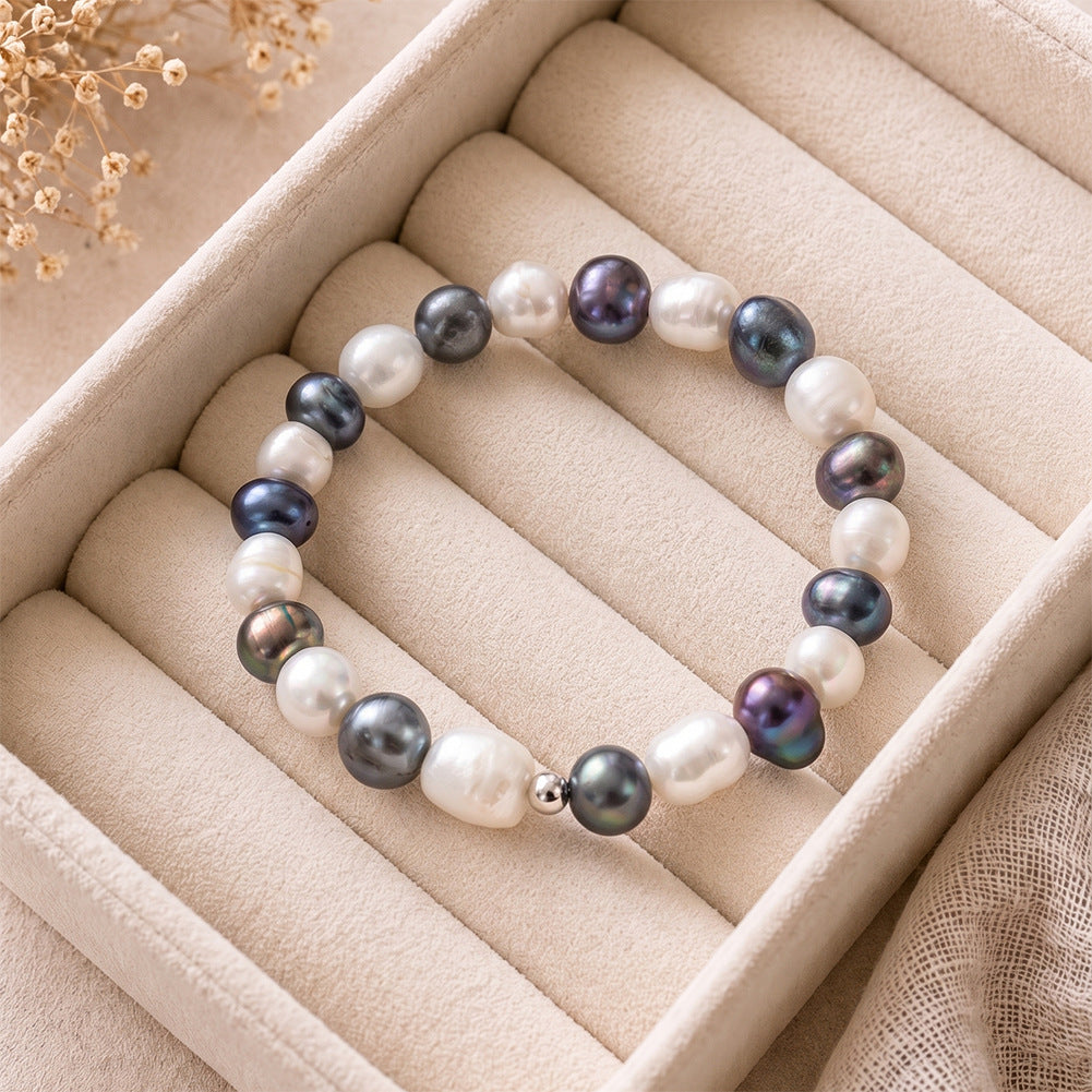 Stretch Beaded Bracelet, Mixed Black Peacock & White Baroque Freshwater Pearls with Polished Silver Metal Spacer Beads, Irregular Natural Pearl Luster