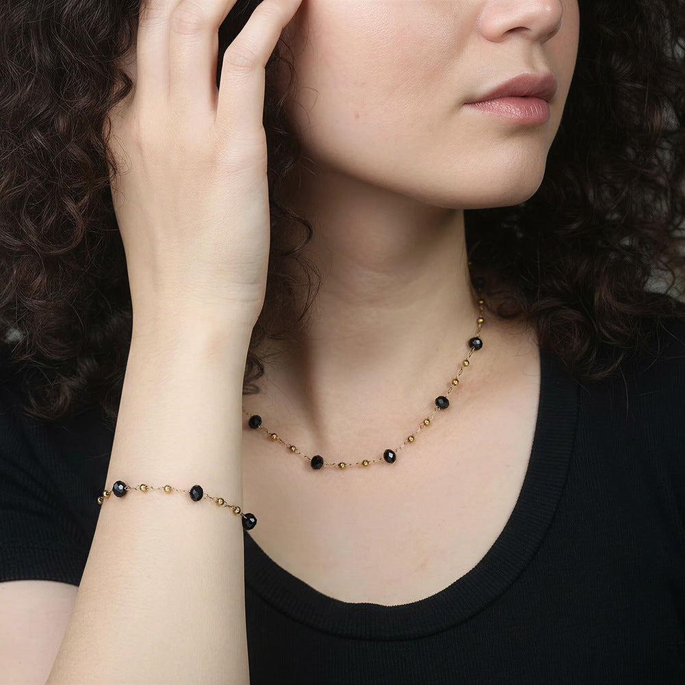 Gold Plated Stainless Steel Bracelet, Black Faceted Onyx Beads with Gold Spacer Balls, Adjustable Extension Chain