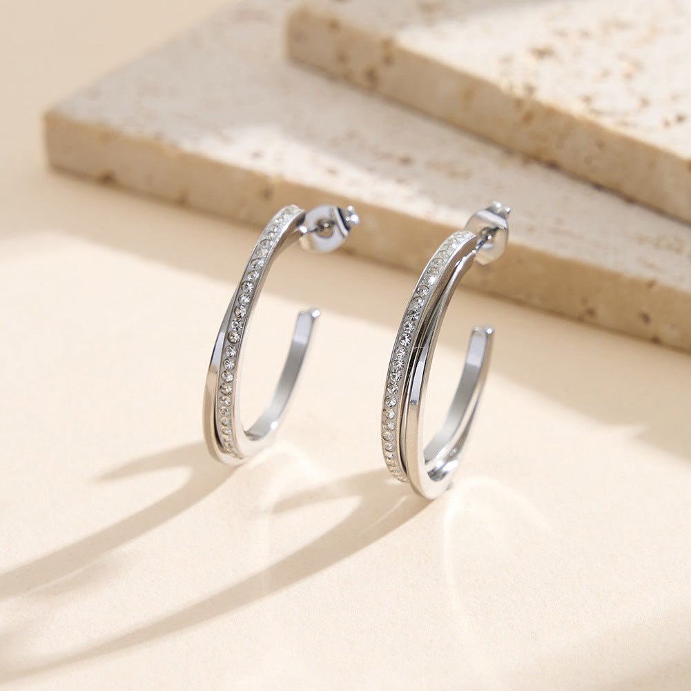 Silver Stainless Steel Double Layer Open C Hoop Earrings With Paved CZ Stones