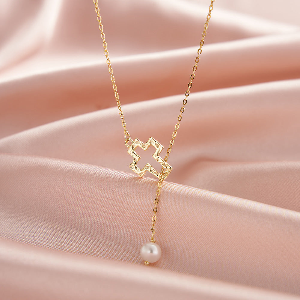 Hammered Gold Cross Lariat Necklace, Lustrous Round Freshwater Pearl Drop Pendant Adjustable Gold Chain