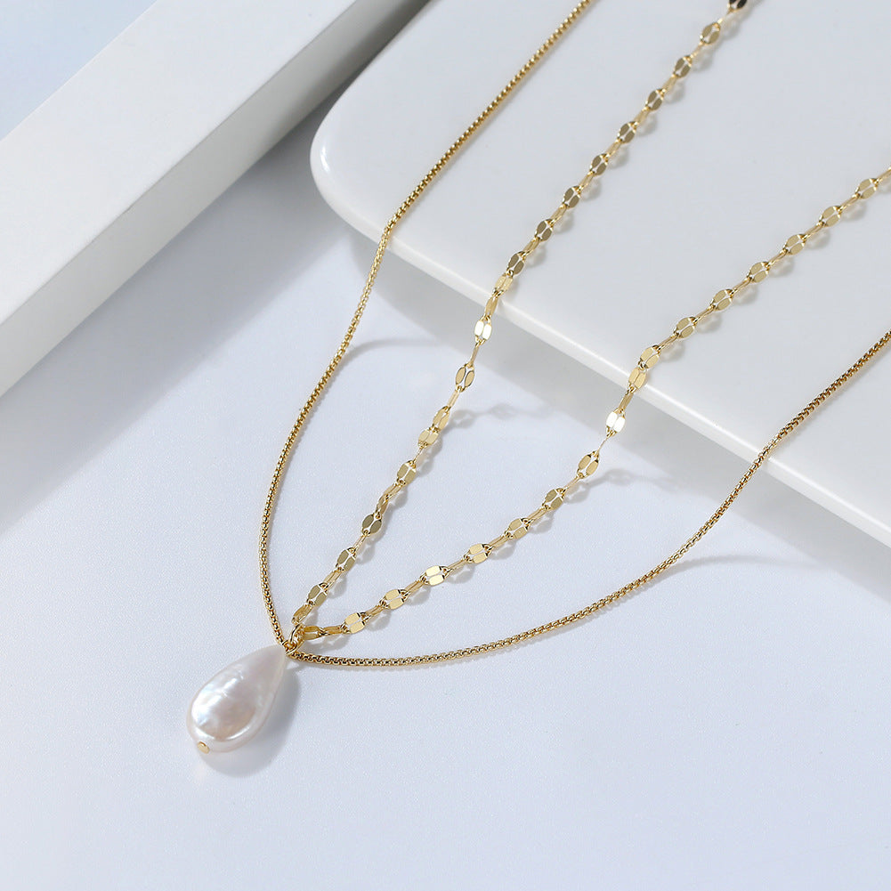 Gold Double Layered Necklace, Lustrous Teardrop Baroque Freshwater Pearl Pendant with Dual Different Texture Gold Chains