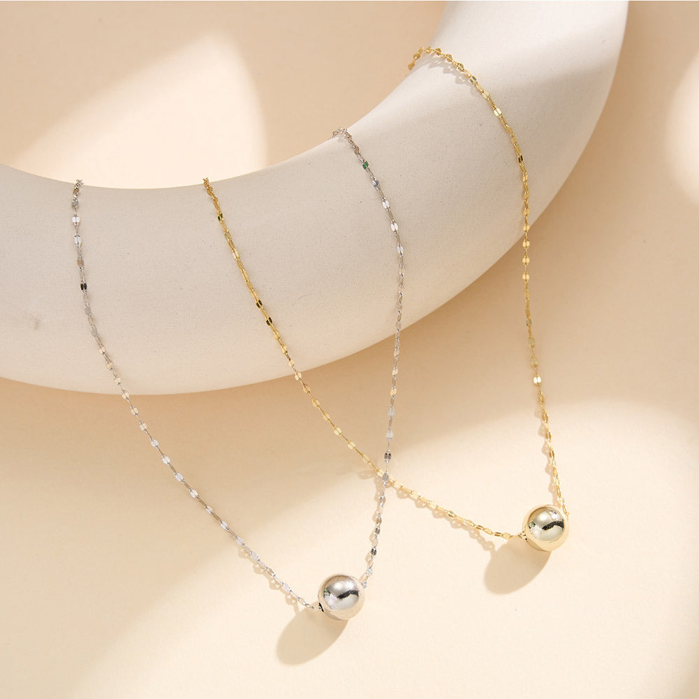 Silver Stainless Steel Single Ball Pendant Necklace, Smooth Round Bead on Delicate Marquise Shape Thin Chain