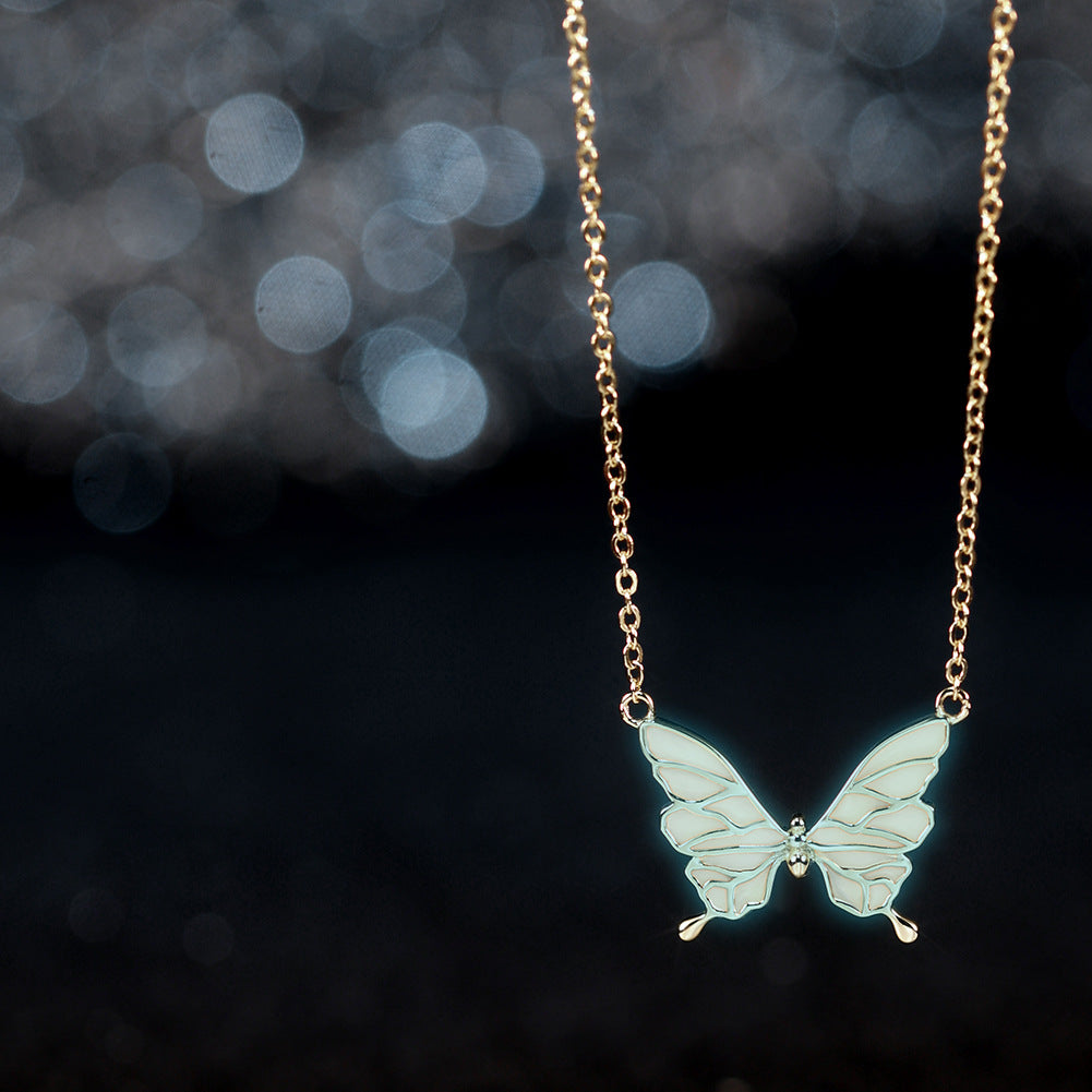 Gold Stainless Steel Glow In The Dark Butterfly Pendant Necklace, Luminous Enamel Butterfly Charm Cable Chain Necklace