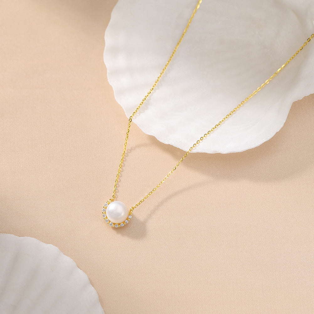 Single Large Round Lustrous Freshwater Pearl Pendant Necklace, Pale Pink Pearl with Halo Cubic Zirconia S925 Silver Cable Chain