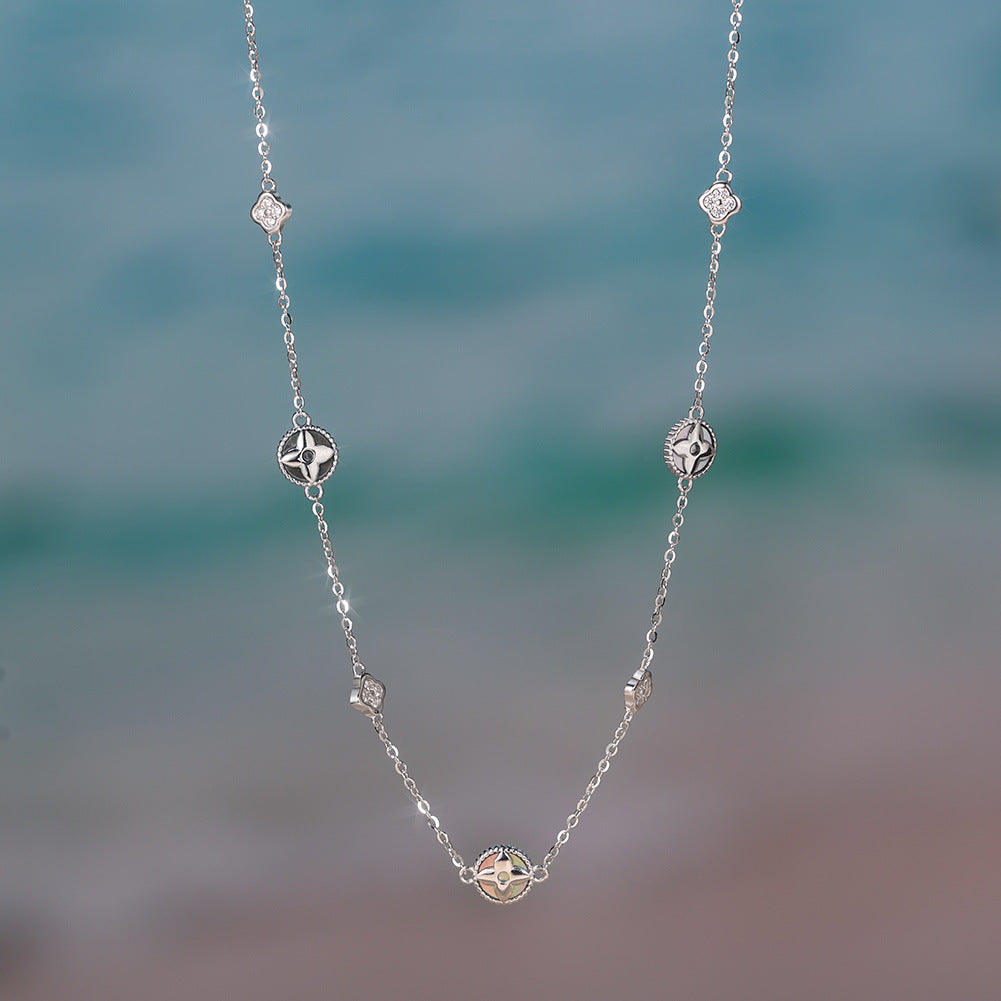 Silver Four Leaf Clover Station Necklace, Inlaid Mother of Pearl & Cubic Zirconia Clover Charms Dainty Cable Chain