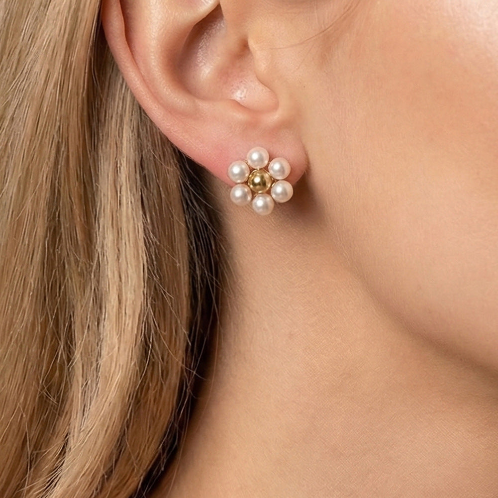 Gold Plated Stainless Steel Flower Shape Cluster Pearl Stud Earrings
