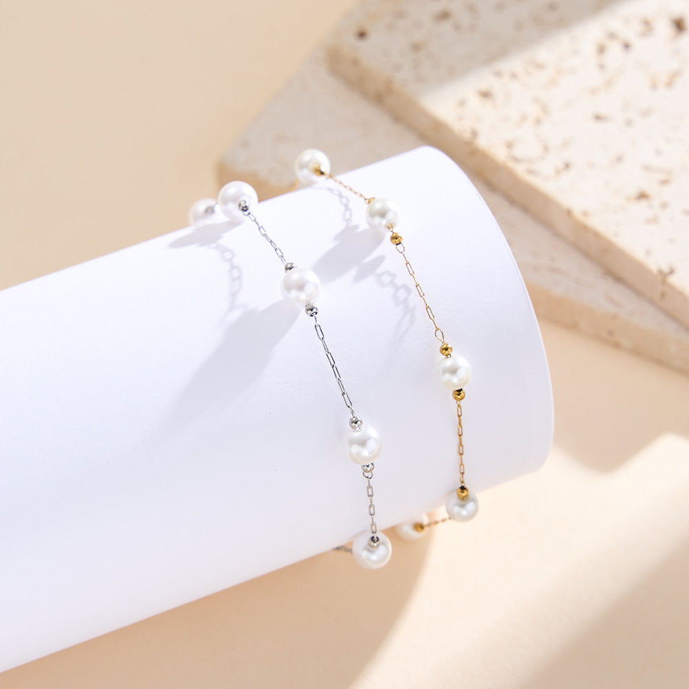 Gold Plated Stainless Steel Dainty Pearl Station Bracelet, Round White Imitation Pearls & Tiny Gold Spacer Beads, Adjustable