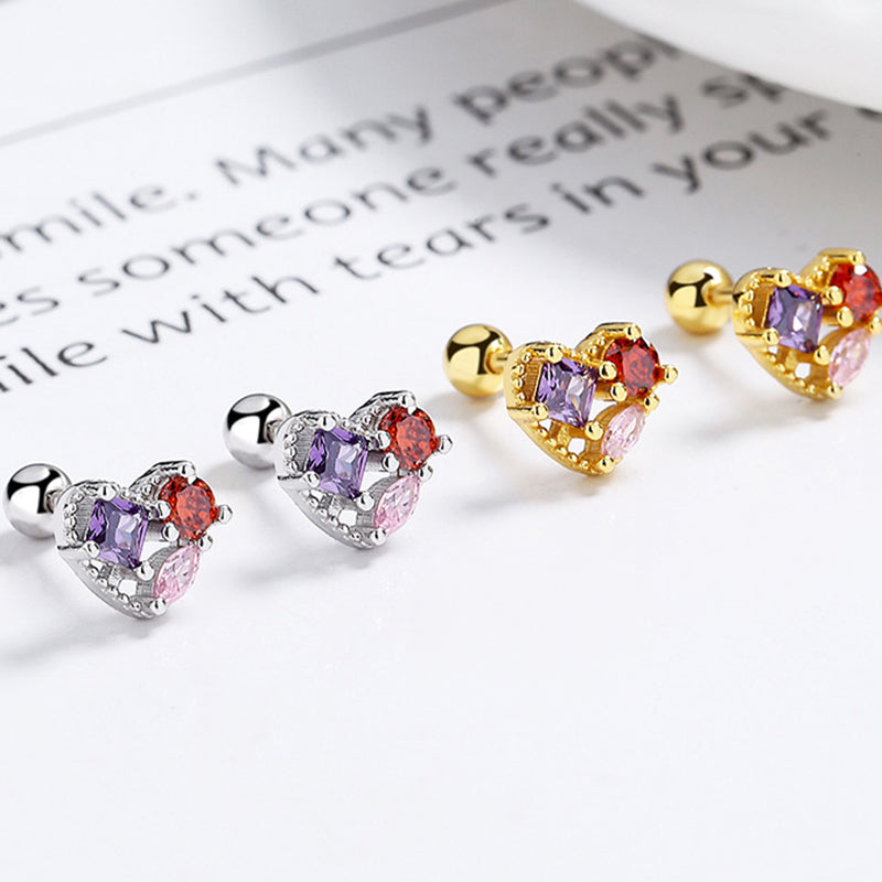 925 Sterling Silver Heart Screw Back Stud Earrings