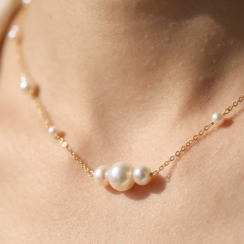 Dainty Graduated Lustrous Freshwater Pearl Station Necklace, Multi-size Glossy White Cultured Pearls S925 Silver Chain
