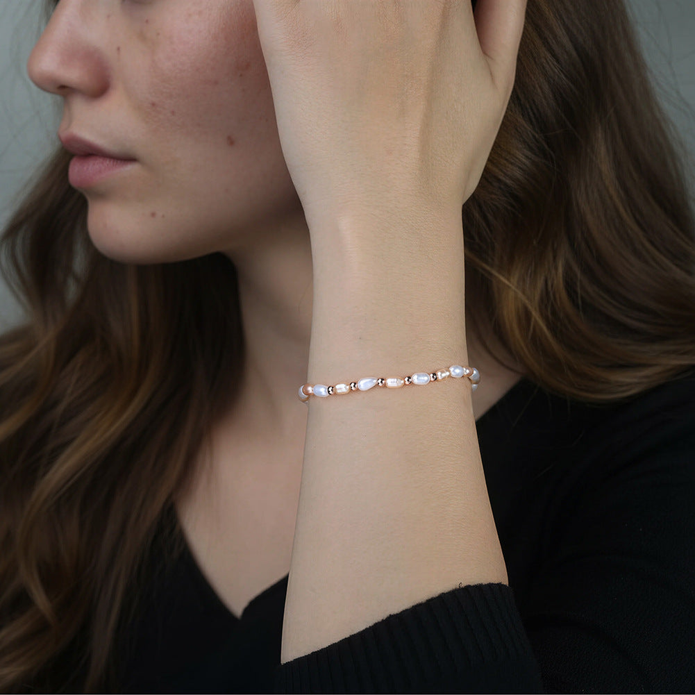 S925 Sterling Silver Beaded Bracelet, Mixed White & Peach Oval Rice Freshwater Pearls with Silver Metal Spacers, Adjustable Extension Chain