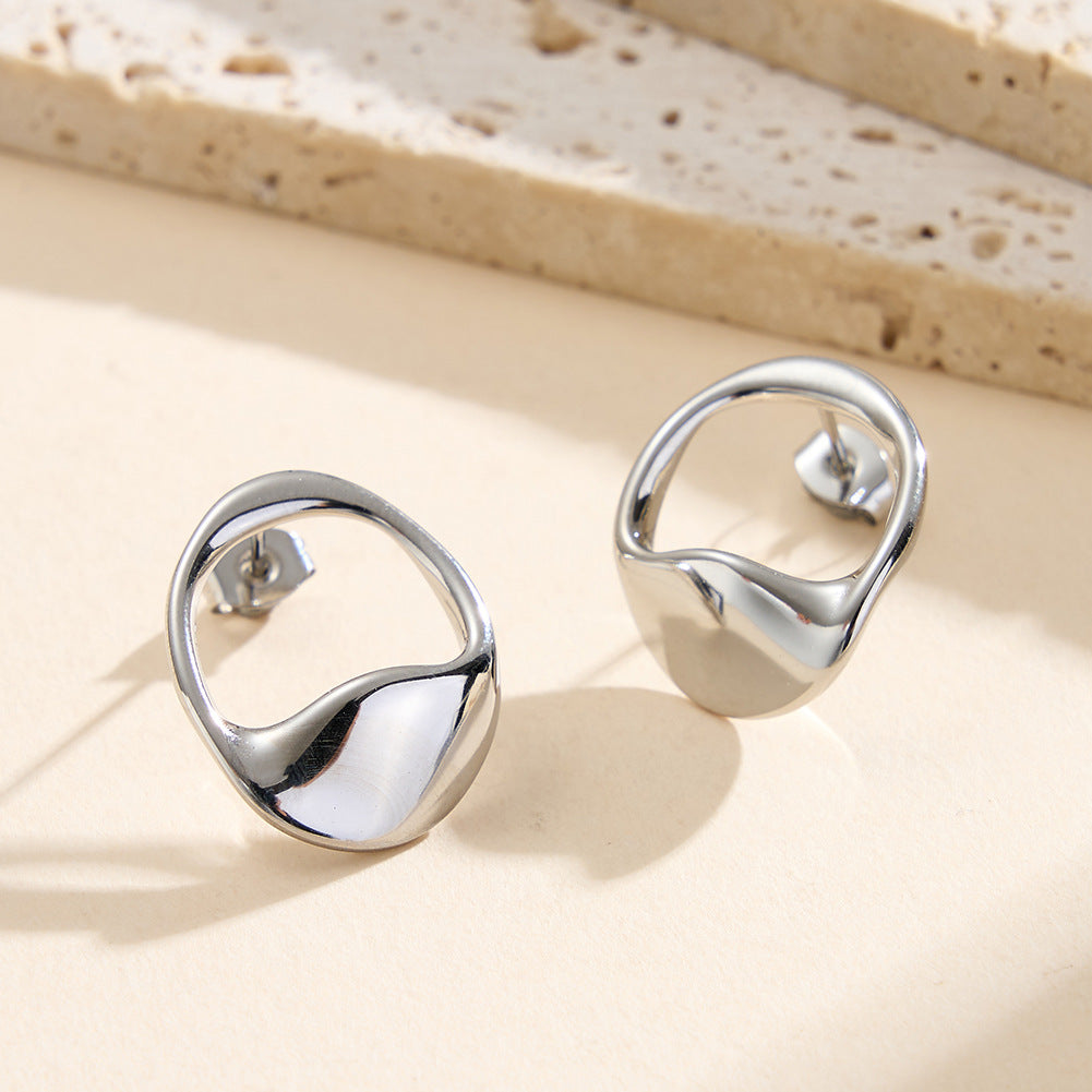 Gold Plated Stainless Steel Irregular Oval Hollow Frame Stud Earrings