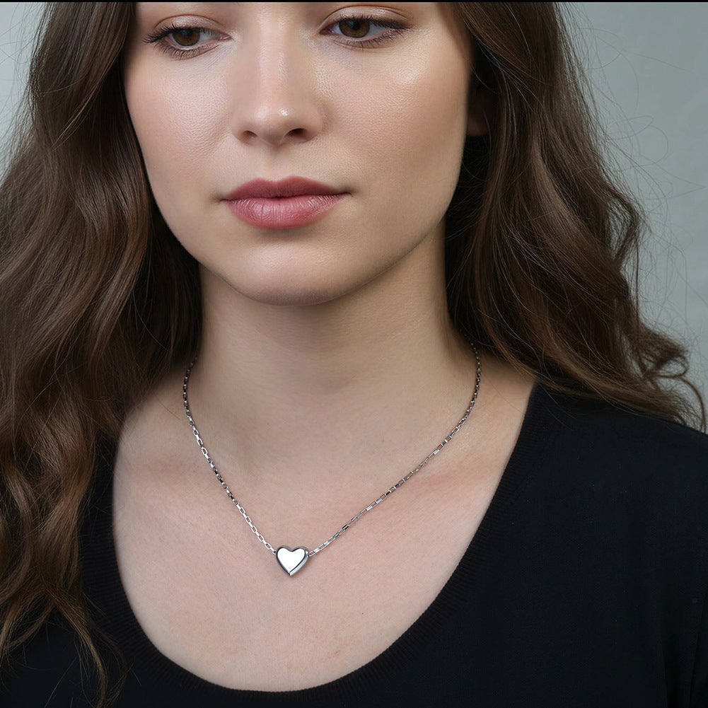 Gold Stainless Steel Puffy Heart Necklace, Polished 3D Solid Heart Charm on Box Link Chain