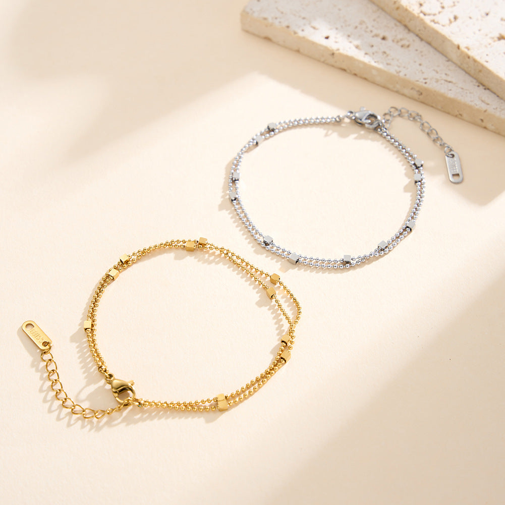 Gold Plated Stainless Steel Double Strand Ball Chain Bracelet, Decorated with Small Square Cube Beads, Adjustable Extension Chain