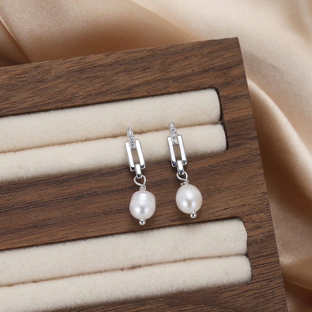 S925 Sterling Silver Paperclip Link CZ Accent Teardrop Freshwater Pearl Dangle Earrings, Geometric Chain Oval Lustrous Pearl Drop Earrings