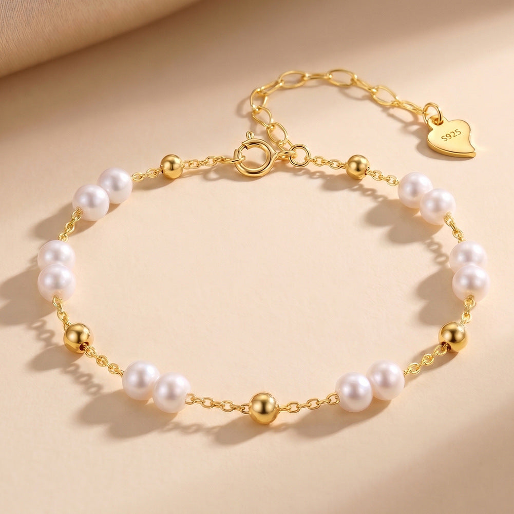 14K Gold Plated Dainty Cable Chain Bracelet, Lustrous White Freshwater Pearl Paired Beads with Gold Spacers, Heart Charm Adjustable Extension Chain