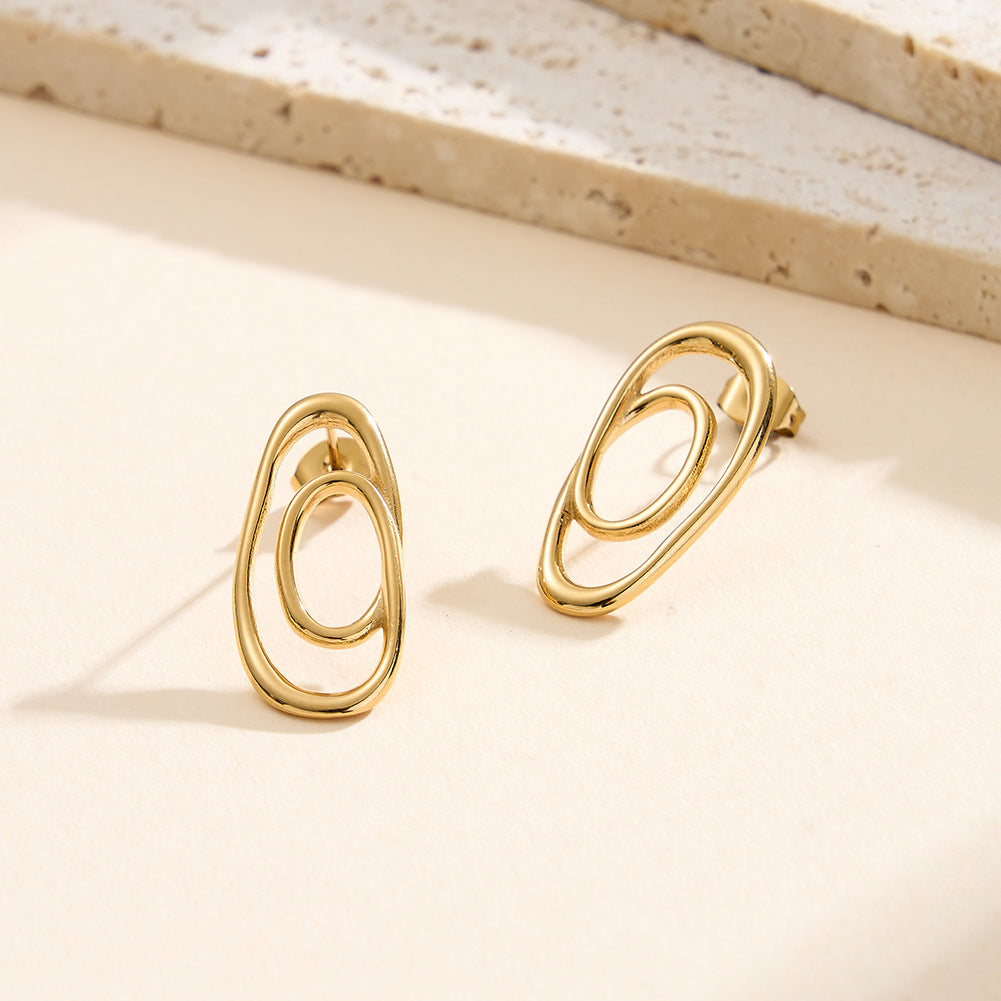 Gold Plated Stainless Steel Double Interlocking Irregular Oval Hoop Stud Earrings