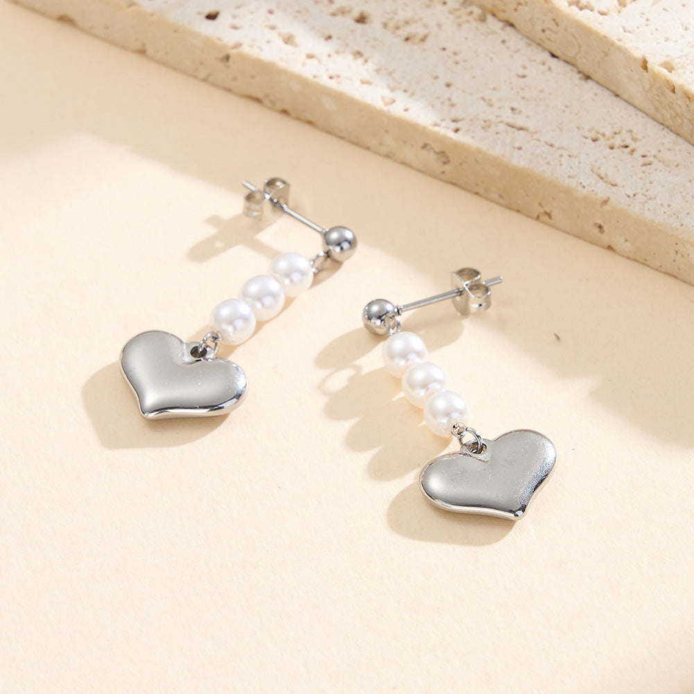 Silver Stainless Steel Dangle Earrings, Pearl Beads Chain with Chunky Polished Heart Charm