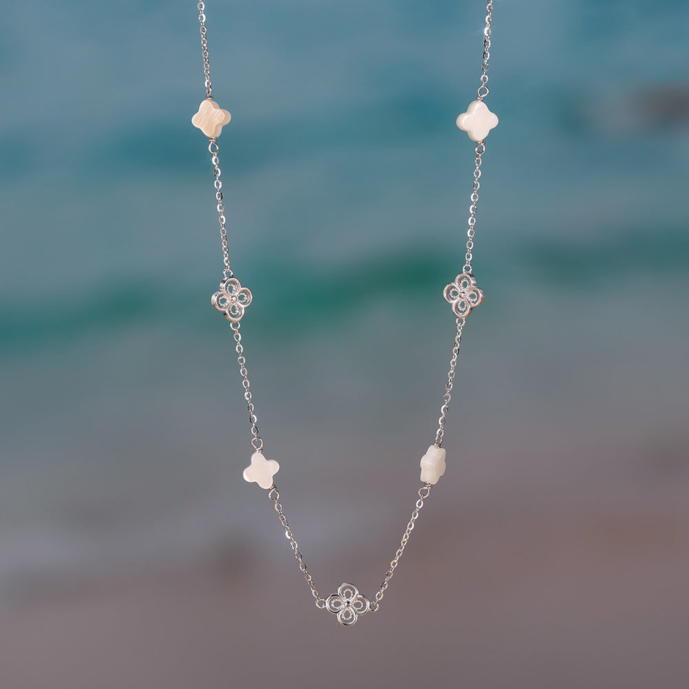 Silver Mixed Clover Station Necklace, White Mother of Pearl Clovers paired with CZ Paved Four Leaf Clover Charms