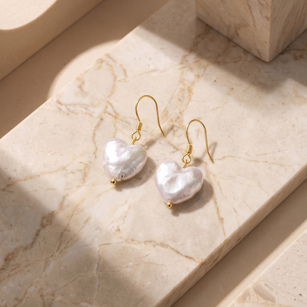 Sterling Silver Hook Heart Shaped Baroque Pearl Earrings, Unique Heart Form Iridescent Freshwater Baroque Pearl Drop Earrings
