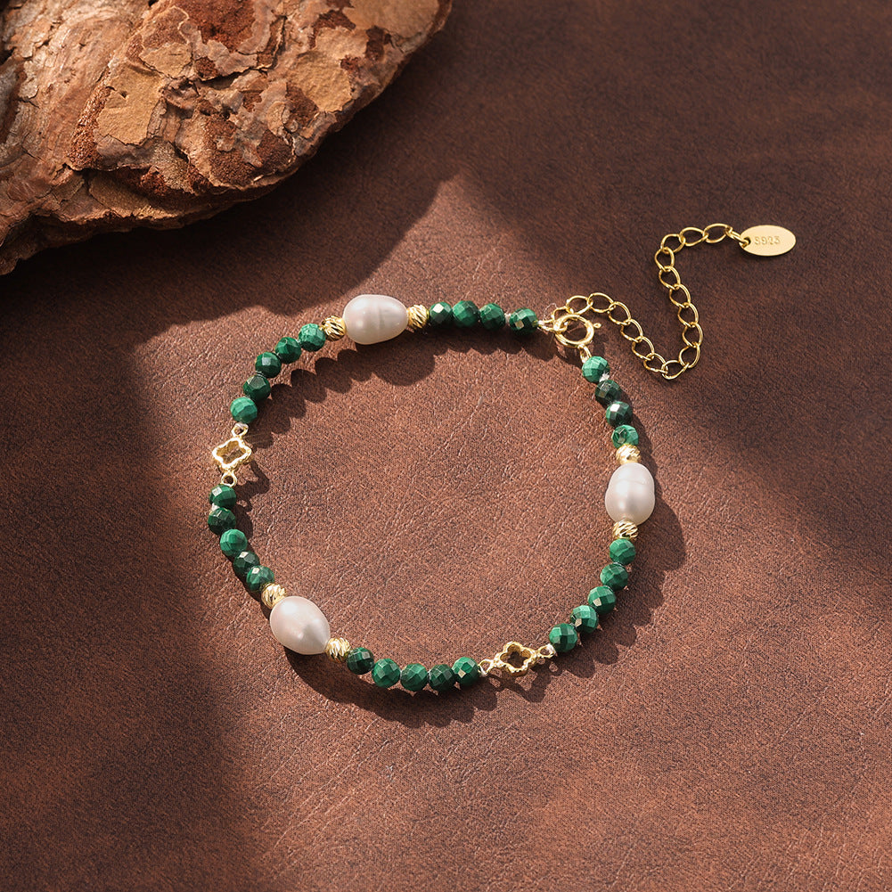 S925 Gold Plated Beaded Bracelet, Irregular Lustrous Baroque Freshwater Pearls paired with Faceted Black Onyx Beads, Hollow Clover Details, Adjustable Extension Chain
