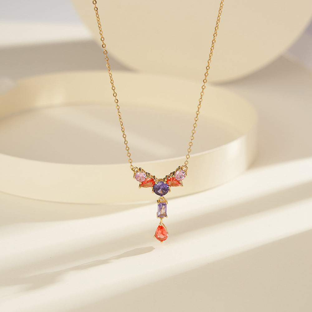 Gold Stainless Steel Multi-Color Gemstone Y Necklace, Mixed Pink Purple Orange CZ Cluster with Rectangular & Teardrop Stone Drop