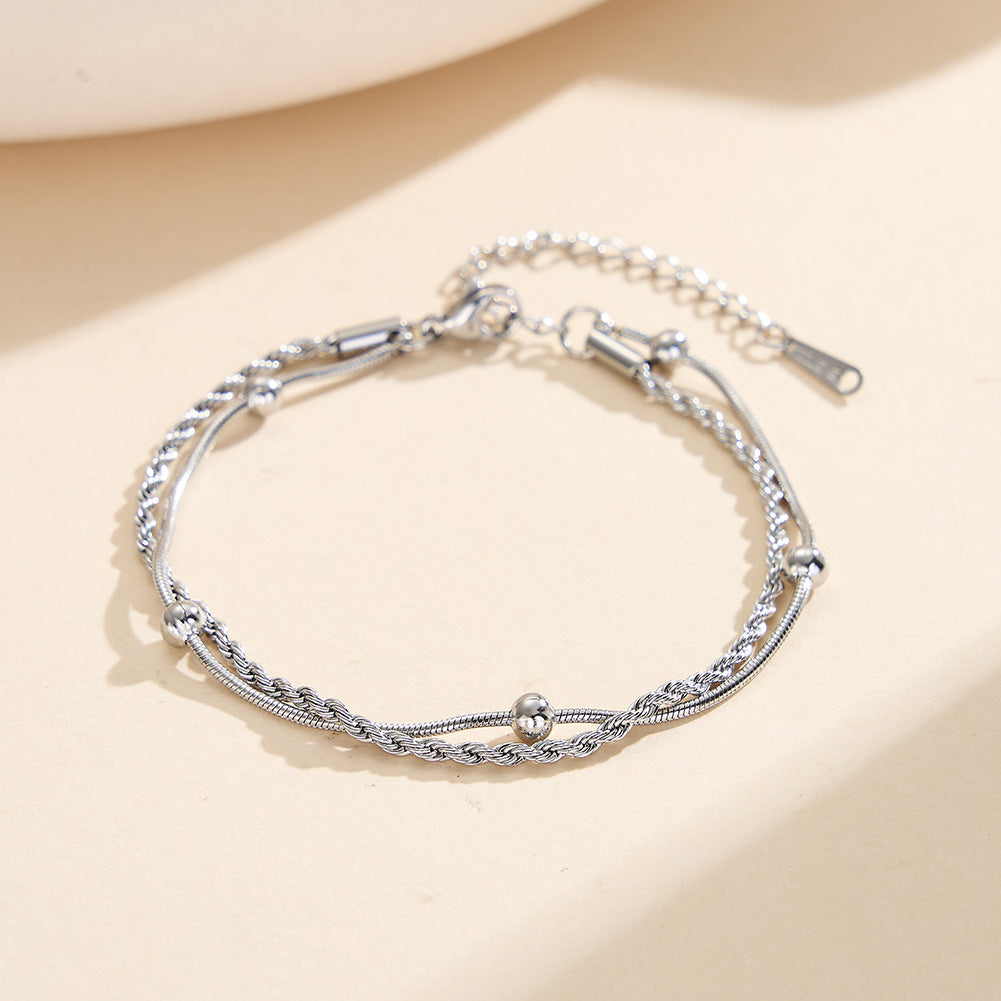 Gold Plated Stainless Steel Double Chain Bracelet, Twisted Rope Chain & Snake Chain with Round Ball Charms, Adjustable