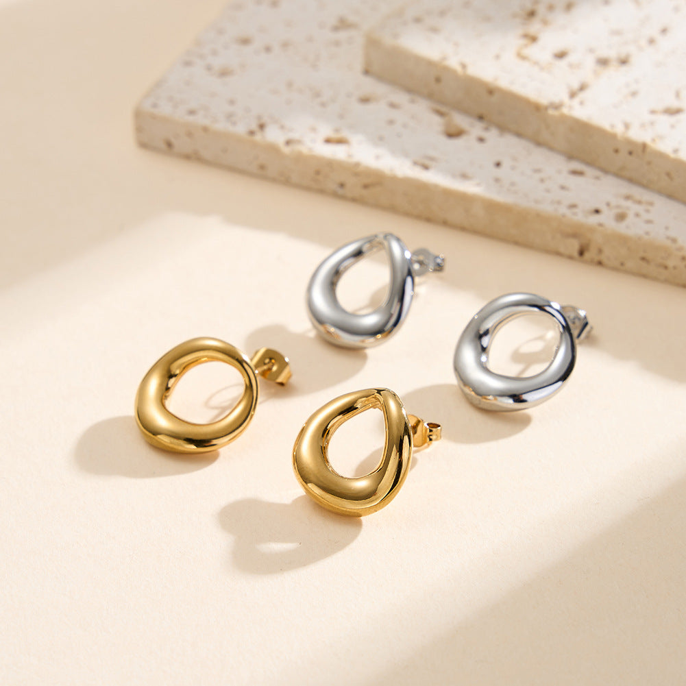 Gold Plated Stainless Steel Twisted Organic Teardrop Open Hoop Stud Earrings
