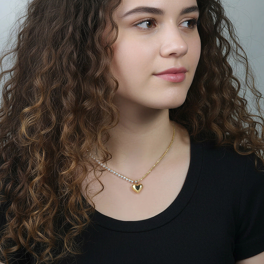 Gold Stainless Steel Two-Tone Choker Necklace, Half Tennis CZ Chain & Half Sparkle Chain with Puffy Heart Charm
