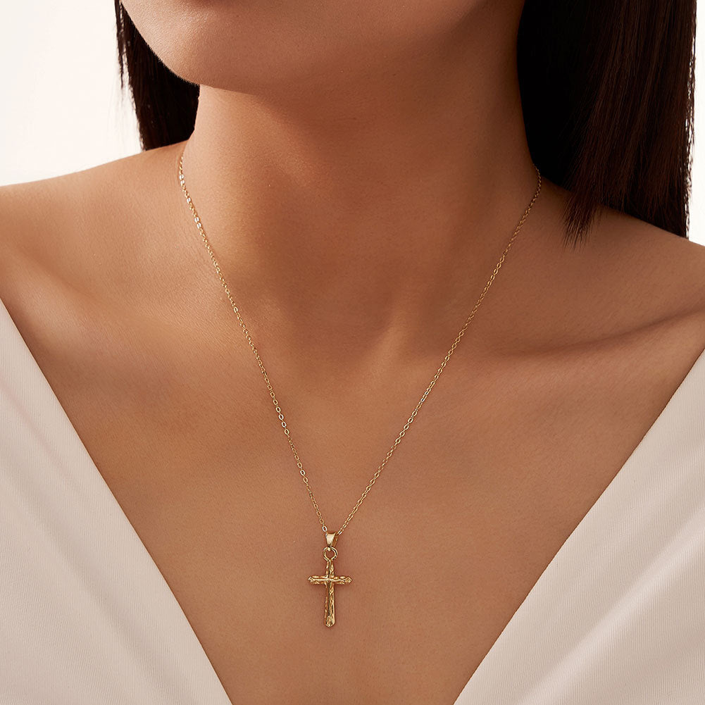 Gold Stainless Steel Hammered Textured Cross Pendant Necklace, Simple Rolo Cable Chain Religious Cross Charm Jewelry