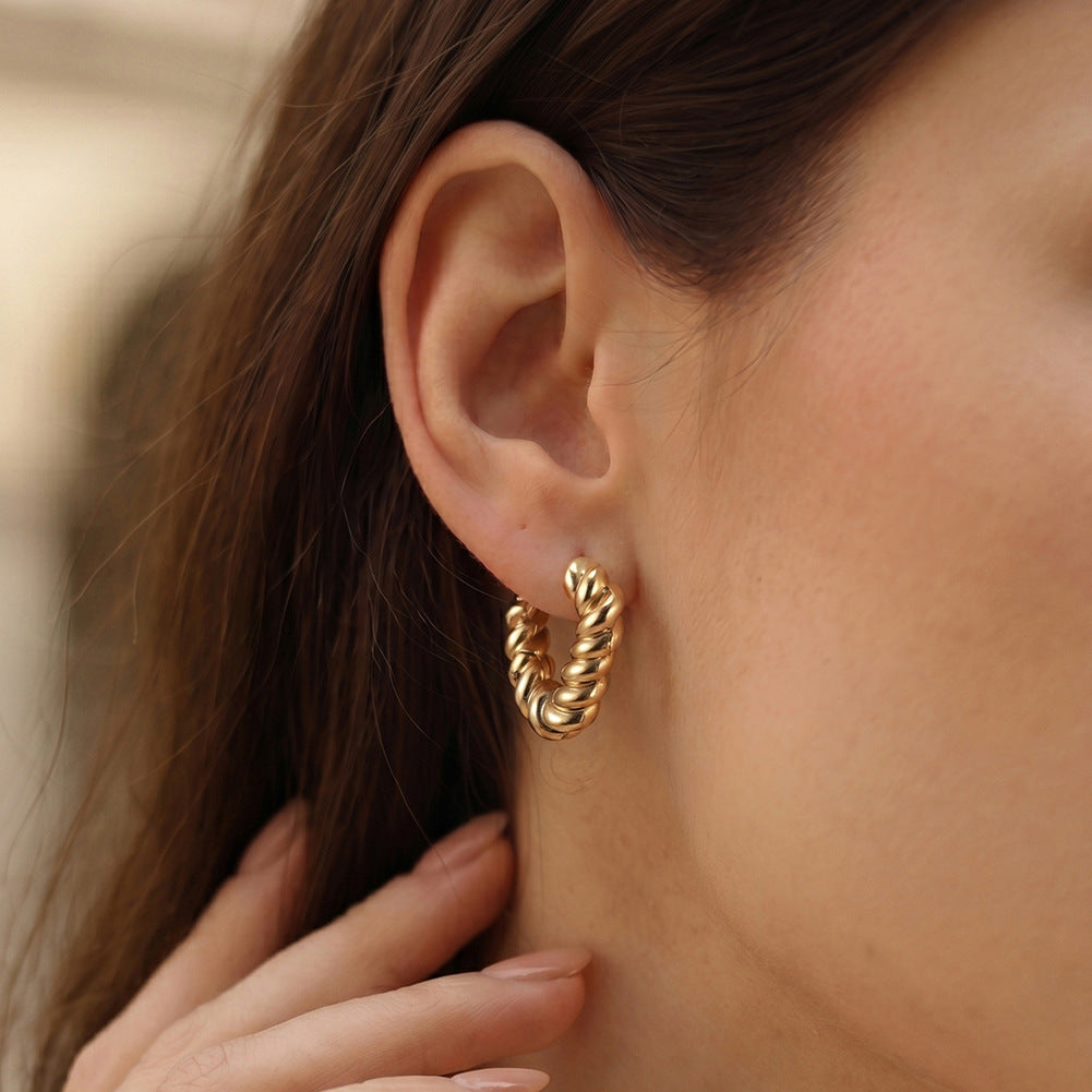 Gold Plated Stainless Steel Twisted Rope Heart Shape Huggie Hoop Earrings