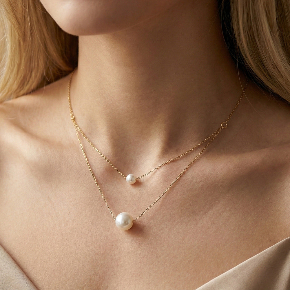 Gold Stainless Steel Double Layer Rolo Chain Necklace, Two Size Graduated Floating White Pearl Drop Pendants