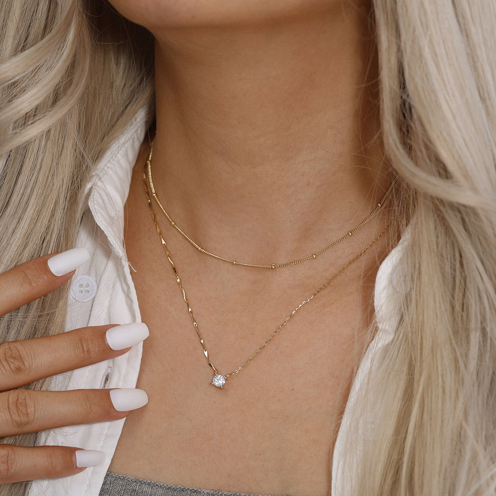 Silver Stainless Steel Solitaire Round CZ Necklace, Four Prong Single Clear Zircon Pendant Mixed Twisted & Cable Chain