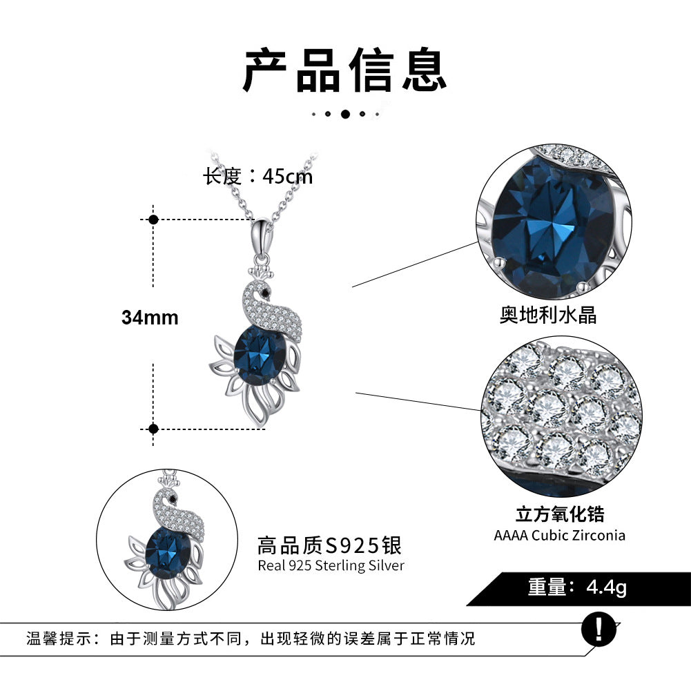 Silver Stainless Steel Peacock Pendant Necklace, Oval Deep Blue CZ with Paved Clear CZ Peacock Charm Necklace