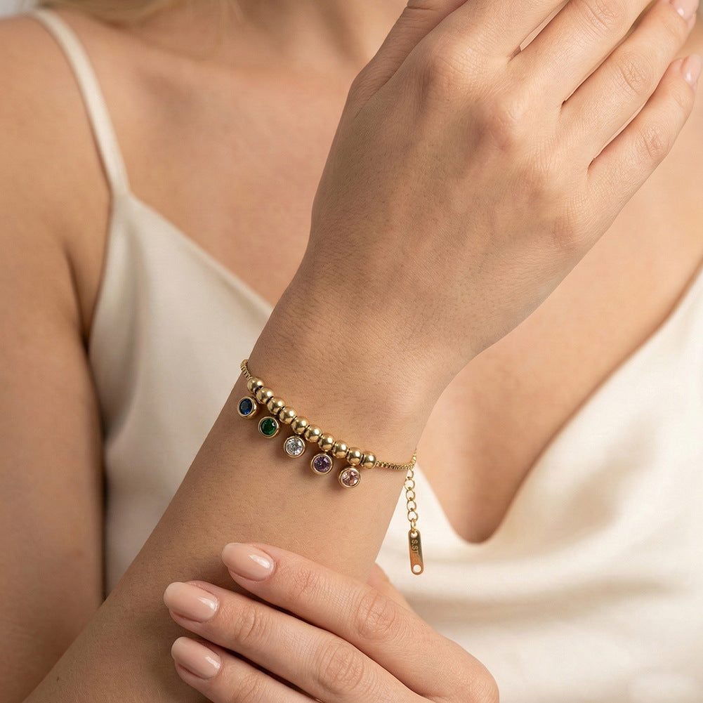 Gold Plated Stainless Steel Box Chain Bracelet, Multicolor Round CZ Drop Charms & Gold Spacer Beads