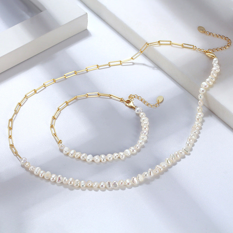 Half Paperclip Chain Baroque Pearl Choker Necklace, Stainless Steel Adjustable Collar Necklace