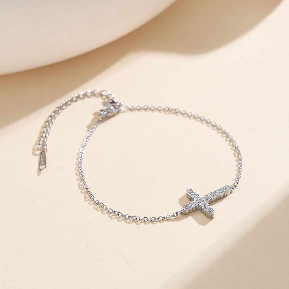 Gold Plated Stainless Steel Dainty Cross Bracelet, Cross Charm Inlaid with Clear Round CZ Stones, Thin Cable Chain