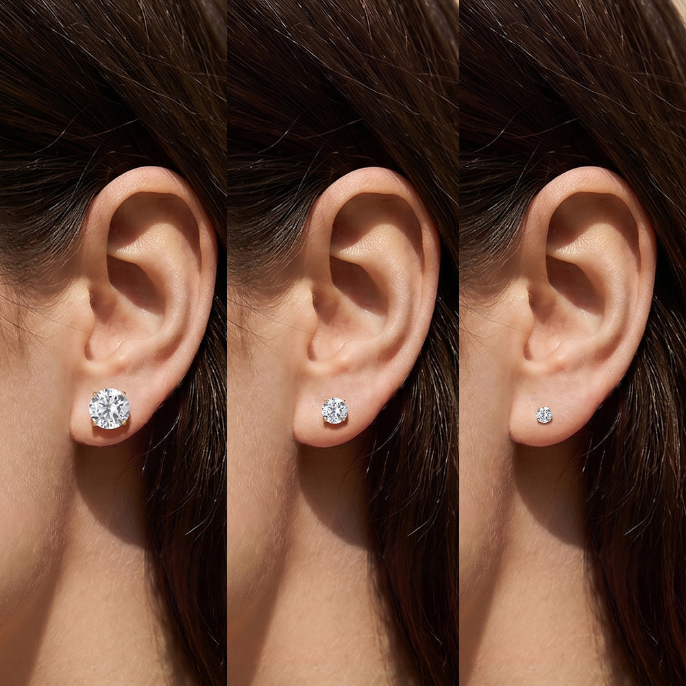 Gold Plated 316 Stainless Steel Stud Earrings, Round Brilliant Cut Clear Cubic Zirconia Four Prong Setting