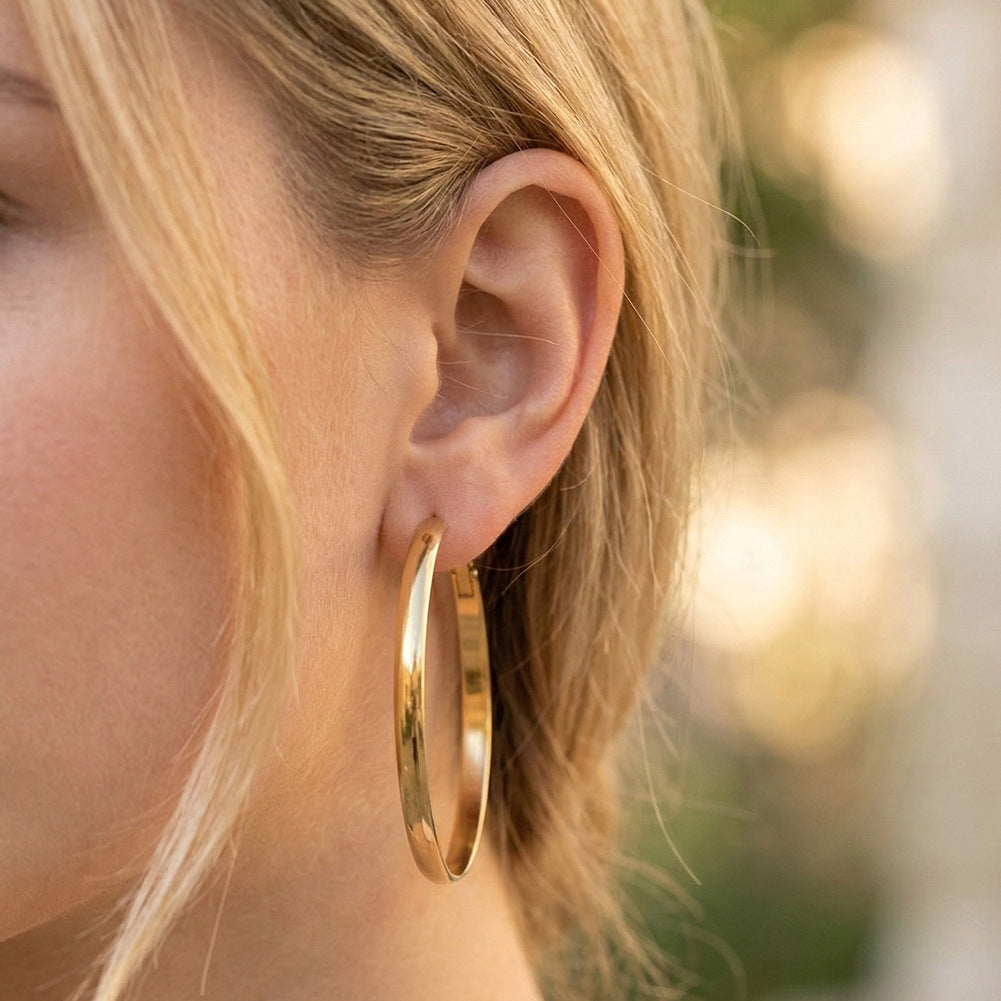Silver Tone Stainless Steel Flat Wide Large Hoop Earrings