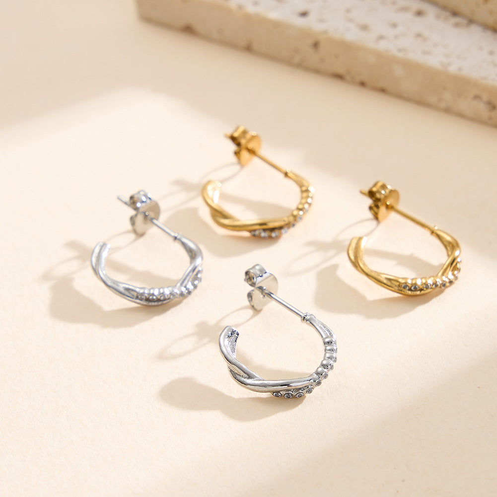 Silver Stainless Steel Twisted Open C Hoop Earrings Paved with Round CZ Gems