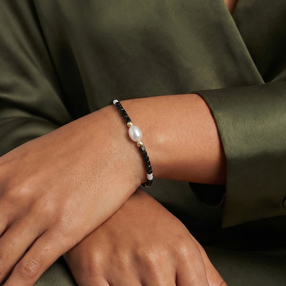 S925 Gold Plated Mini Bead Bracelet, Single Center Lustrous Baroque Freshwater Pearl, Black & Grey Tiny Cube Beads, Adjustable Extension Chain