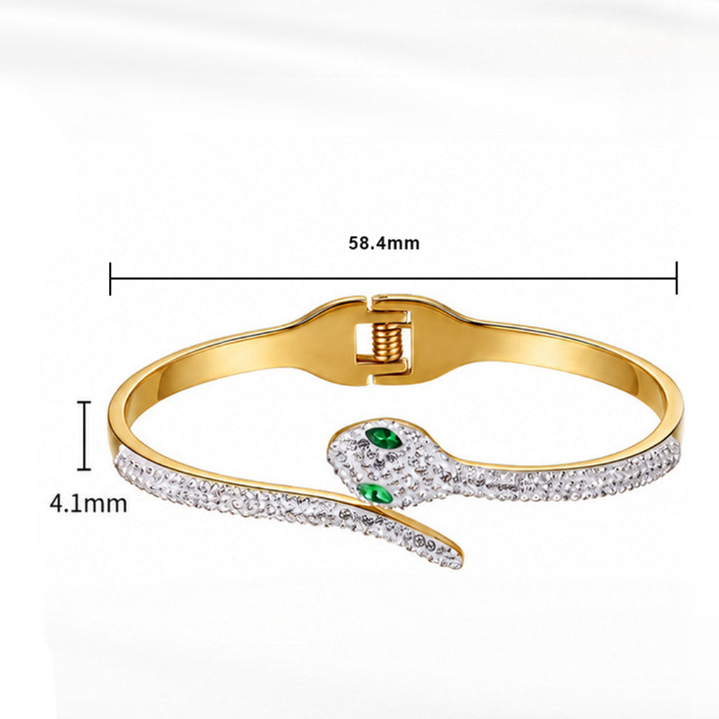 Stainless Steel Silver Snake Bangle Bracelet Paved with Clear CZ and Green CZ Eyes
